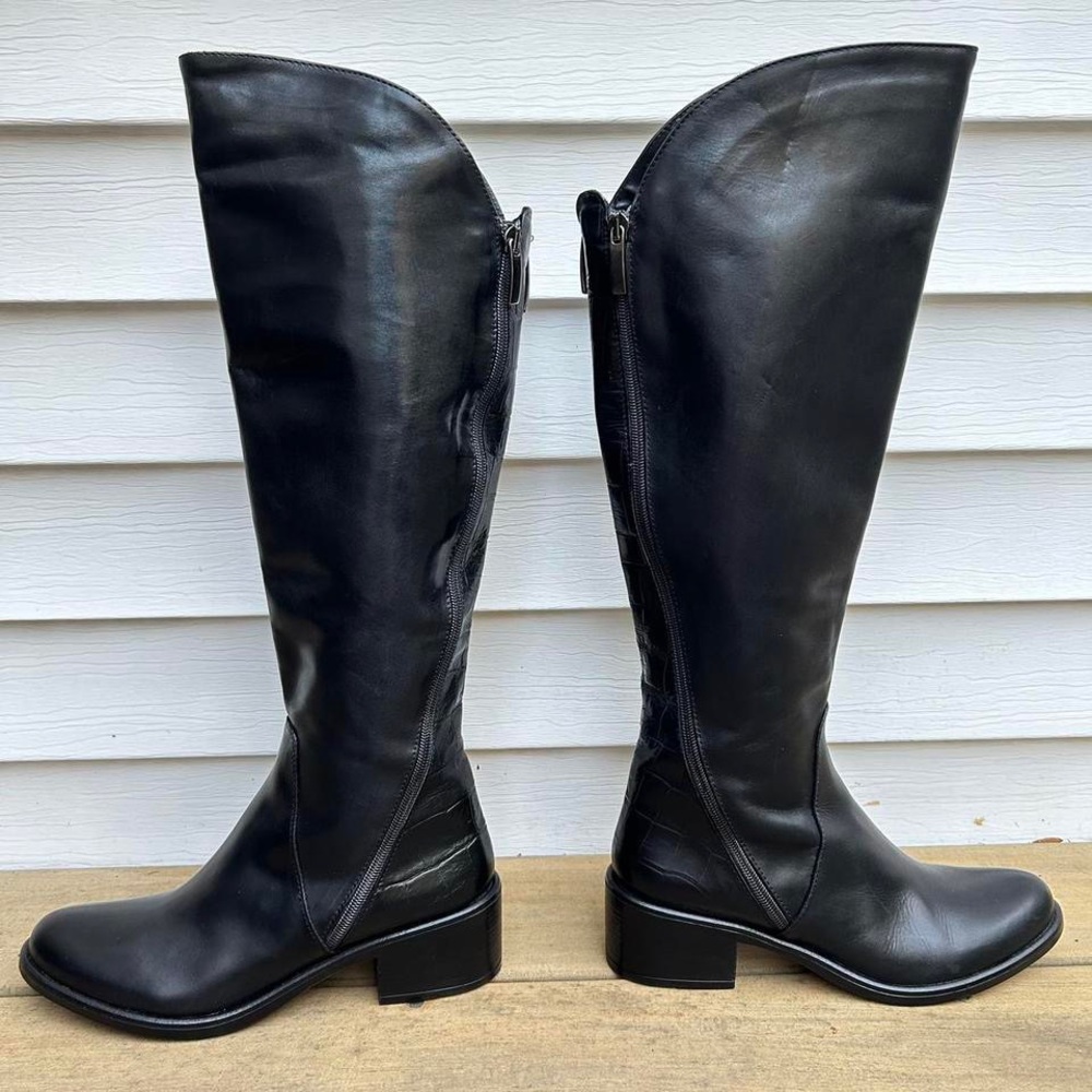 Black Emanuele Crasto Leather Knee High Boots Riding Boots w/ Dual Zipper - Picture 6 of 8